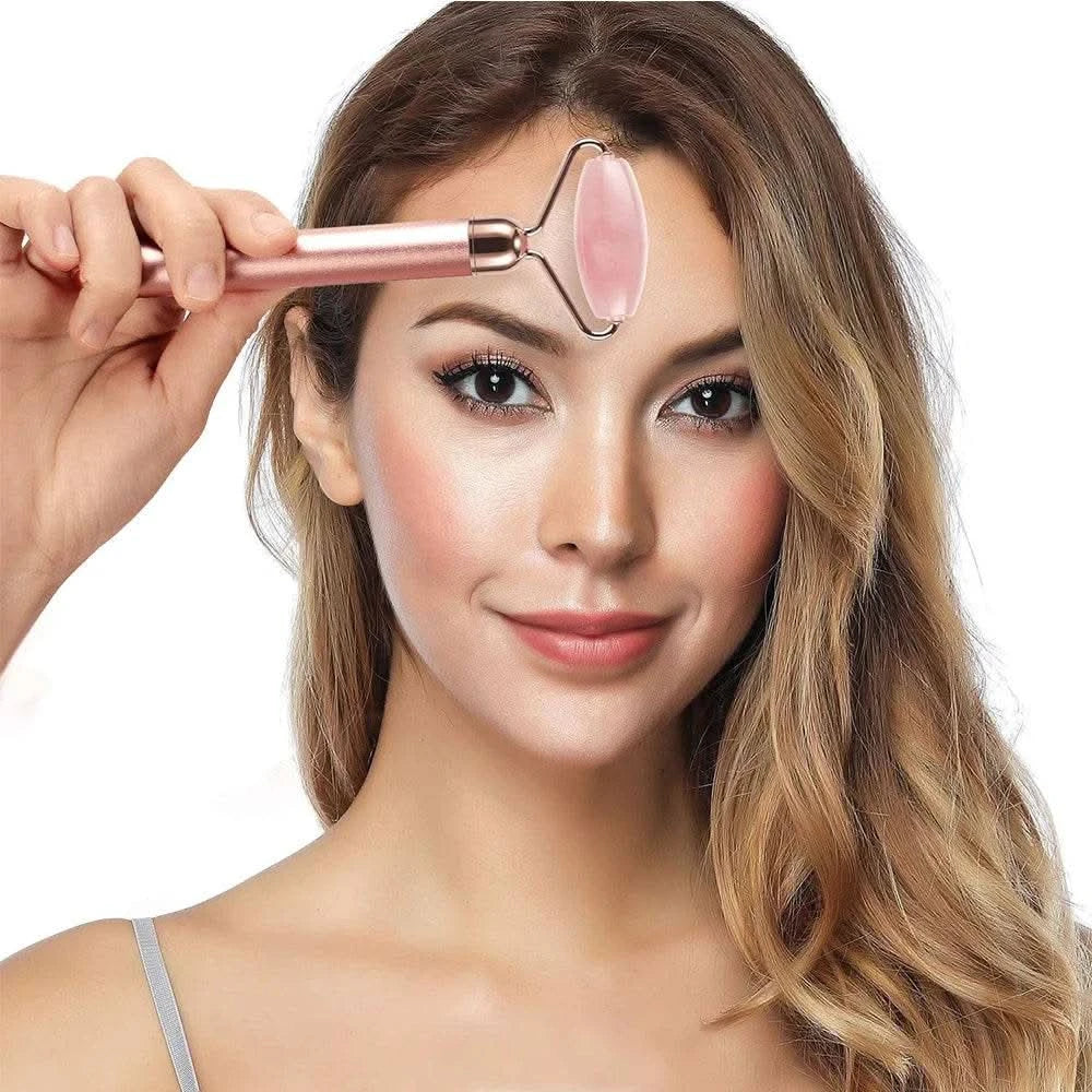 5-in-1 24K Gold Beauty Wand Face Massager Electric Vibrating Rose Quartz 3D Roller Face Lifting Body Facial Gua Sha Jade Roller - M & M Global