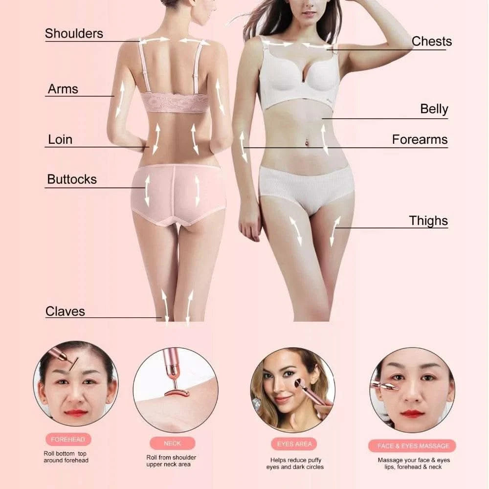 5-in-1 24K Gold Beauty Wand Face Massager Electric Vibrating Rose Quartz 3D Roller Face Lifting Body Facial Gua Sha Jade Roller - M & M Global