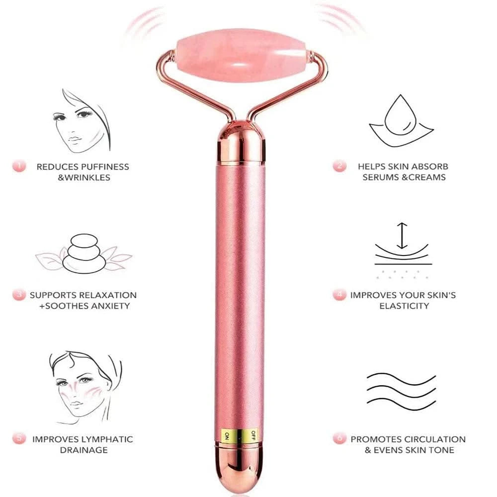 5-in-1 24K Gold Beauty Wand Face Massager Electric Vibrating Rose Quartz 3D Roller Face Lifting Body Facial Gua Sha Jade Roller - M & M Global