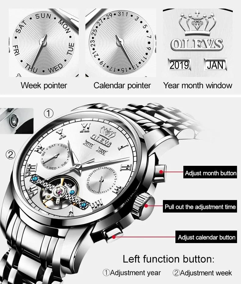 OLEVS Men's Watches Automatic Mechanical Business Wristwatch Waterproof Stainless Steel Strap Watch for Man Skeleton Calendar - M & M Global