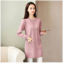 Solid Long Sweater Women Clothing 2025 New Korean Pocket Knit Sweater Dress Casual Warm Loose O neck Long sleeve Ladies Pullover