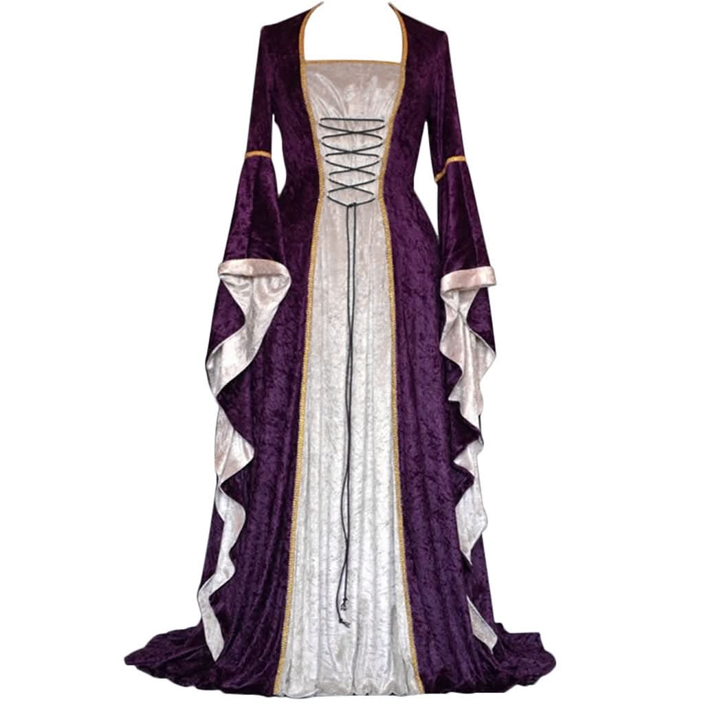 Medieval Retro Court Princress Cosplay Costume Halloween Women Gothic Flare Sleeve Long Dress Elegant Witch Masquerade Wear - M & M Global