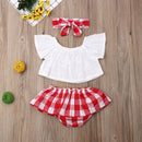 Lioraitiin 3Pcs Set 0-24M Newborn Baby Girl Clothes Cute Summer Off Shoulder Lace Tops+ Red Plaid Short Dress Headband Outfit - M & M Global