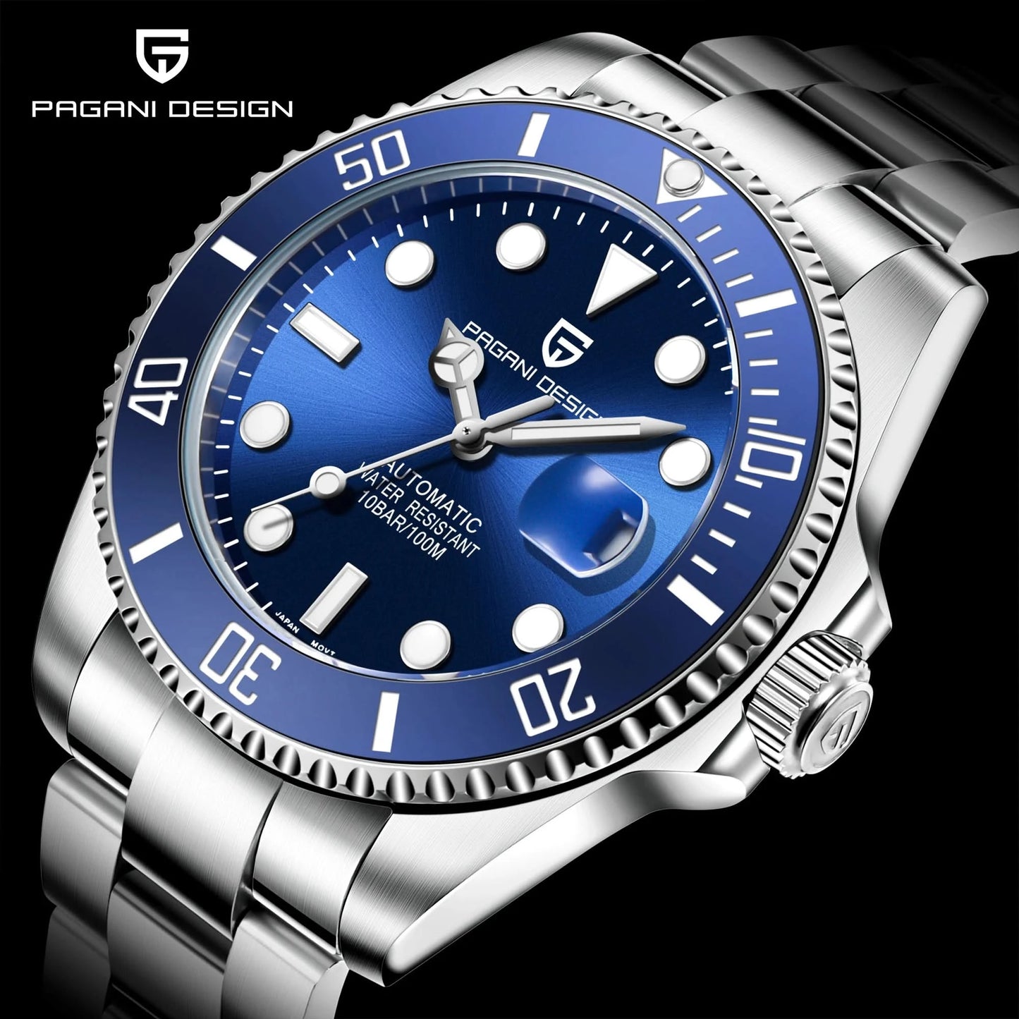 PAGANI DESIGN Luxury Sapphire Glass Men Automatic Watch 100m Waterproof Stainless Steel men mechanical wristwatches montre homme - M & M Global