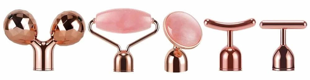 5-in-1 24K Gold Beauty Wand Face Massager Electric Vibrating Rose Quartz 3D Roller Face Lifting Body Facial Gua Sha Jade Roller - M & M Global