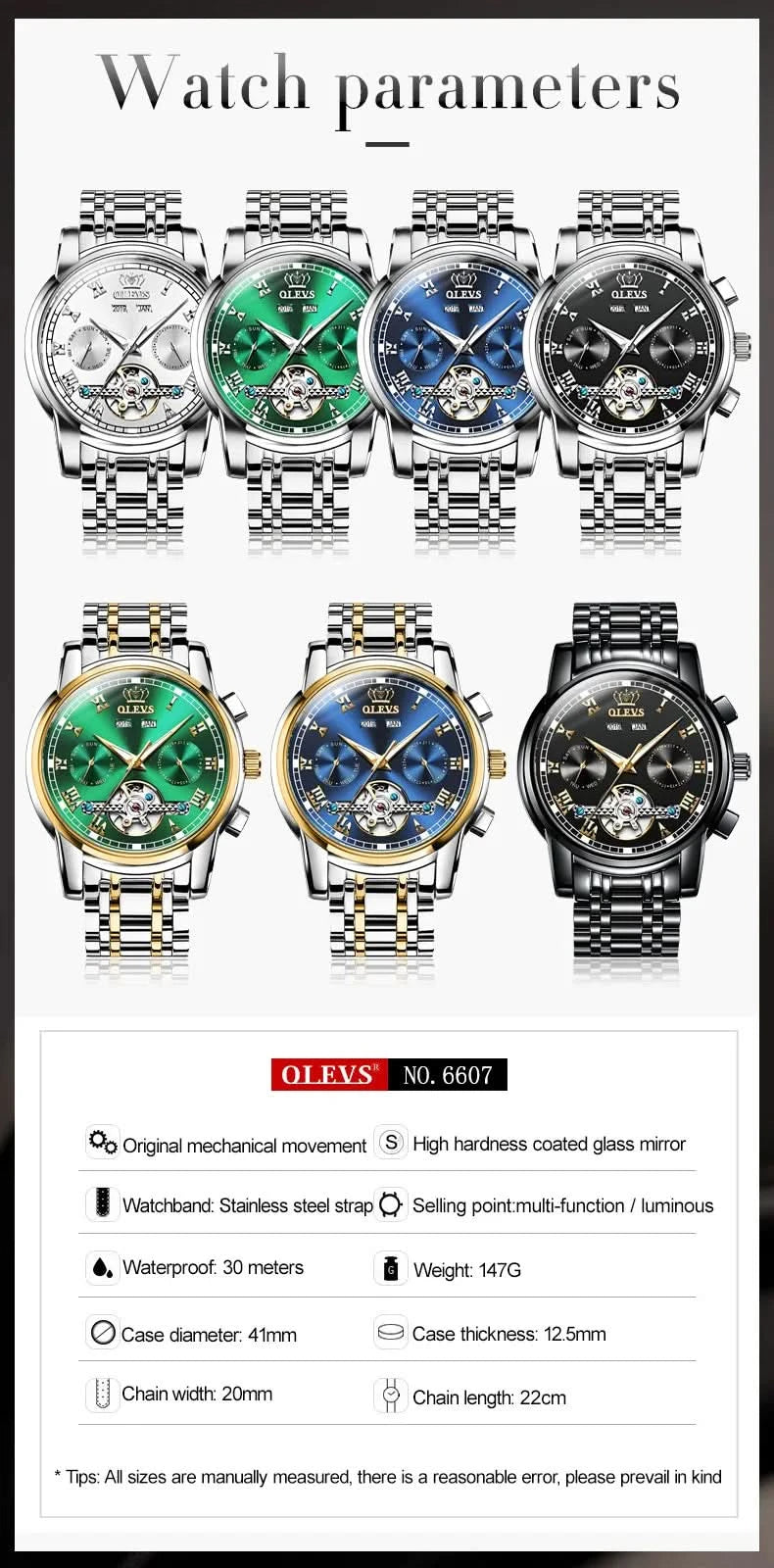 OLEVS Men's Watches Automatic Mechanical Business Wristwatch Waterproof Stainless Steel Strap Watch for Man Skeleton Calendar - M & M Global