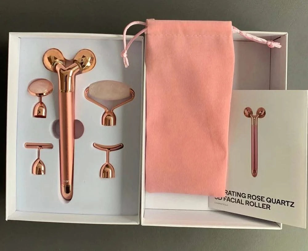5-in-1 24K Gold Beauty Wand Face Massager Electric Vibrating Rose Quartz 3D Roller Face Lifting Body Facial Gua Sha Jade Roller - M & M Global