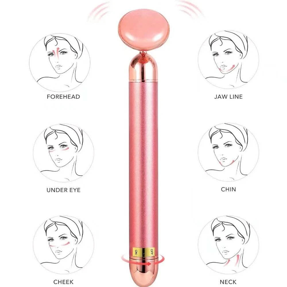 5-in-1 24K Gold Beauty Wand Face Massager Electric Vibrating Rose Quartz 3D Roller Face Lifting Body Facial Gua Sha Jade Roller - M & M Global
