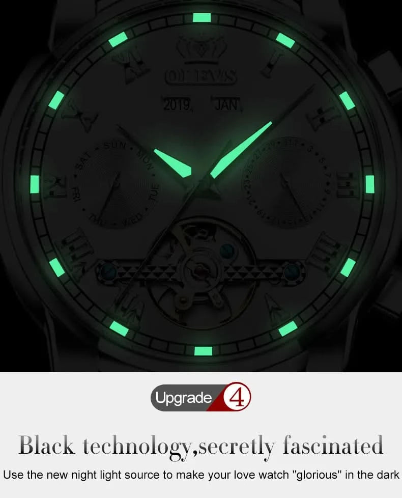 OLEVS Men's Watches Automatic Mechanical Business Wristwatch Waterproof Stainless Steel Strap Watch for Man Skeleton Calendar - M & M Global