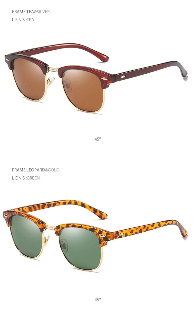 Classic Half Frame Polarized Sunglasses Men Women Retro Rivet Small Sun Glasses Male Popular Black Anti Glare Travelling Shades - M & M Global