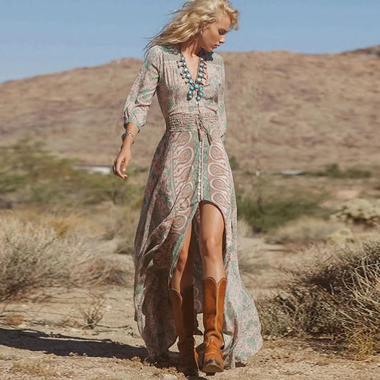 TEELYNN boho long dress Vintage 2023 floral print Chiffon three quarter sleeve v-neck summer Gypsy Hippie women dresses vestidos - M & M Global