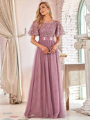 2023 New Women's Burgundy A-Line Sequin Mesh Leaf Maxi Prom Dress Sparkle Evening Dresses O-Neck Short Sleeve Long Dress - M & M Global
