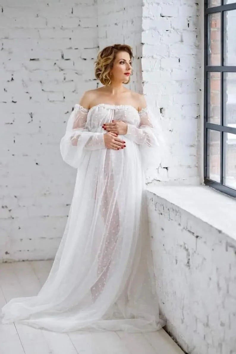 White Dot Tulle Maternity Photography Props Dress See Through Maternity Photo Shoot Tulle Long Dress Lantern Sleeve - M & M Global