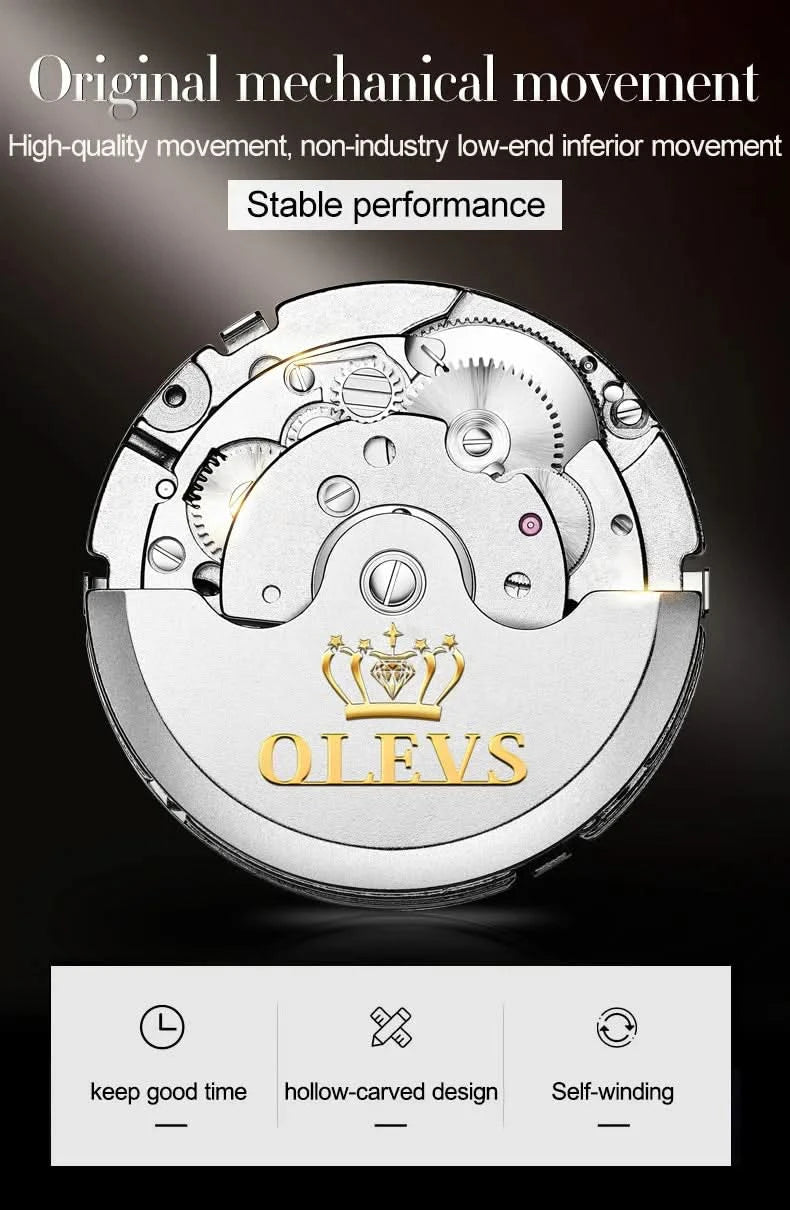 OLEVS Men's Watches Automatic Mechanical Business Wristwatch Waterproof Stainless Steel Strap Watch for Man Skeleton Calendar - M & M Global