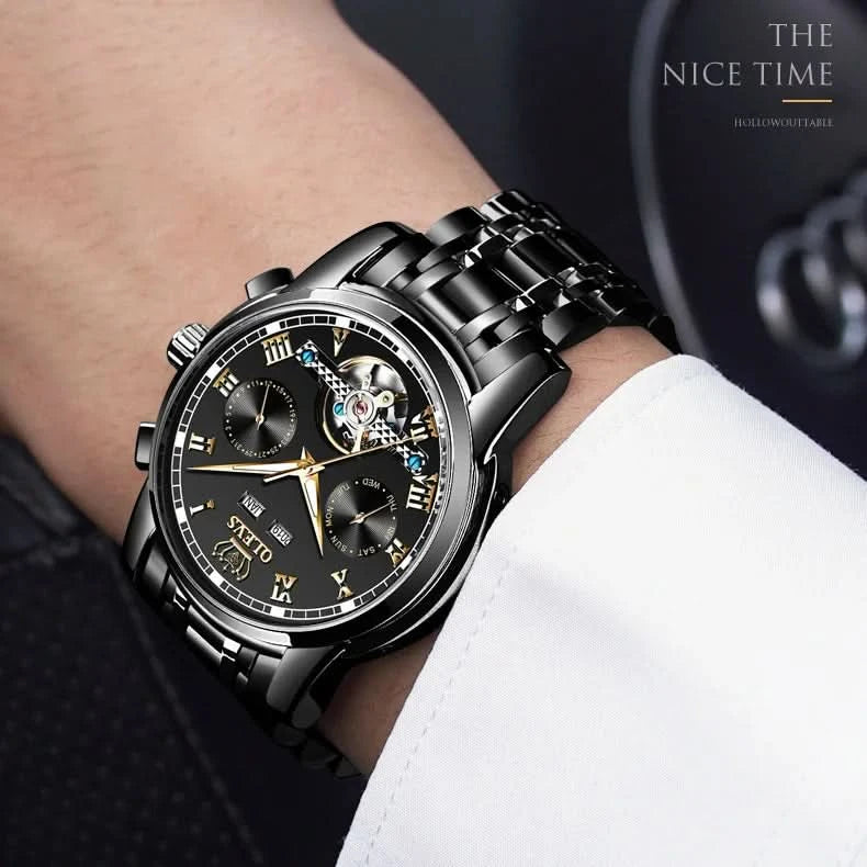 OLEVS Men's Watches Automatic Mechanical Business Wristwatch Waterproof Stainless Steel Strap Watch for Man Skeleton Calendar - M & M Global