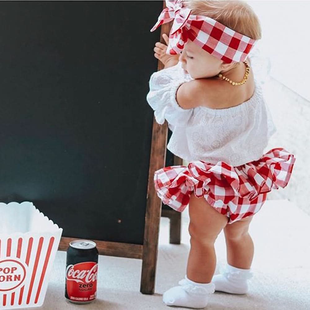 Lioraitiin 3Pcs Set 0-24M Newborn Baby Girl Clothes Cute Summer Off Shoulder Lace Tops+ Red Plaid Short Dress Headband Outfit - M & M Global