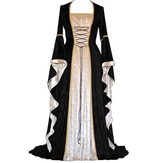 Medieval Retro Court Princress Cosplay Costume Halloween Women Gothic Flare Sleeve Long Dress Elegant Witch Masquerade Wear - M & M Global