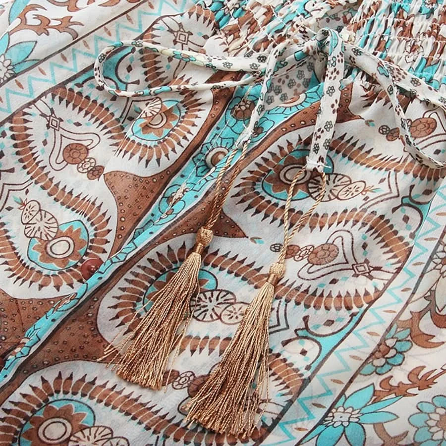 TEELYNN boho long dress Vintage 2023 floral print Chiffon three quarter sleeve v-neck summer Gypsy Hippie women dresses vestidos - M & M Global