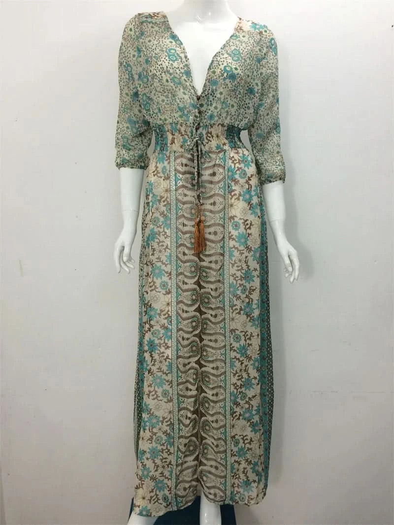 TEELYNN boho long dress Vintage 2023 floral print Chiffon three quarter sleeve v-neck summer Gypsy Hippie women dresses vestidos - M & M Global