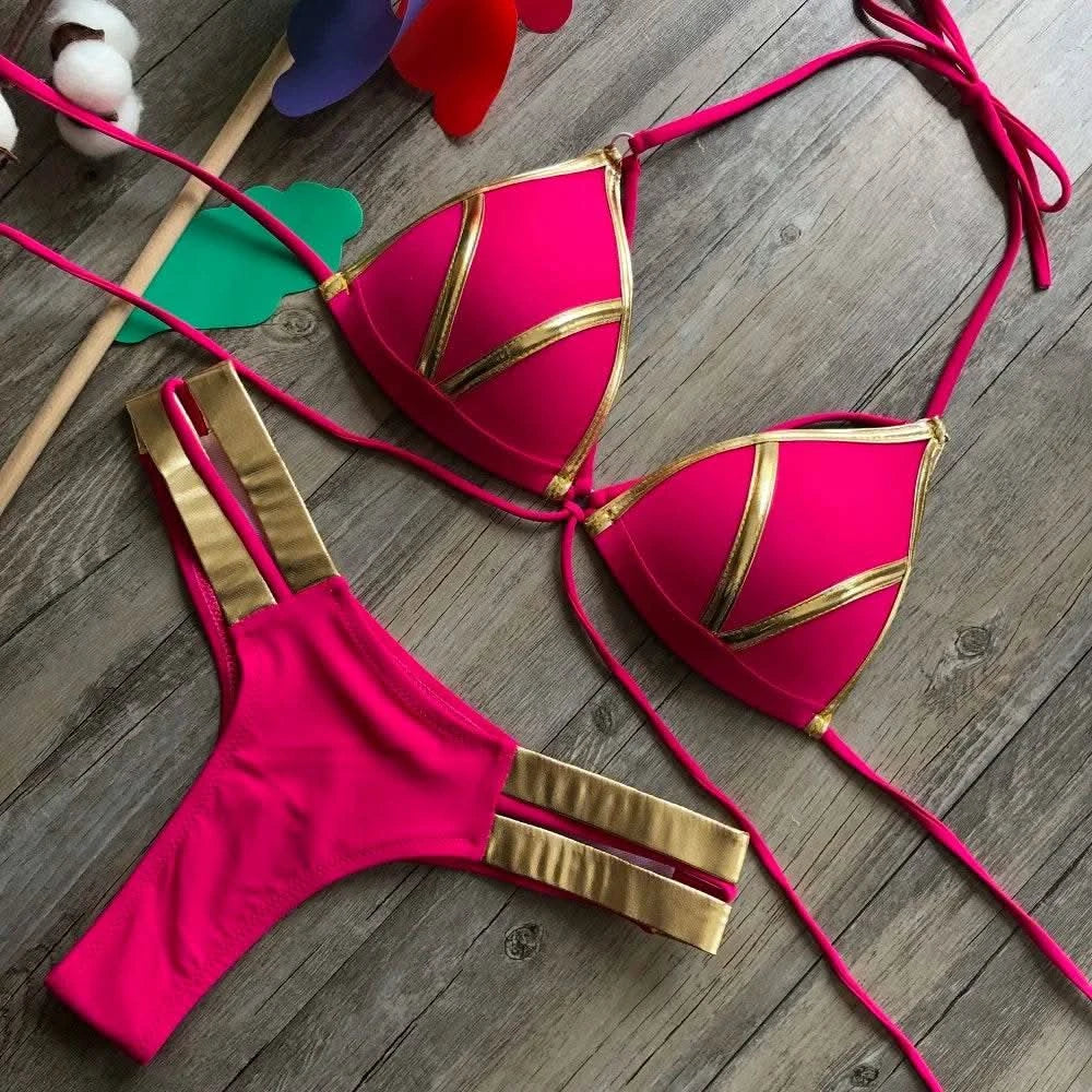 Contrast Trim Wrap Lace Up Bikini Sets Swimsuit For Women High Waist Two Pieces Swimwear 2022 Beach Bathing Suits - M & M Global