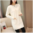 Solid Long Sweater Women Clothing 2025 New Korean Pocket Knit Sweater Dress Casual Warm Loose O neck Long sleeve Ladies Pullover