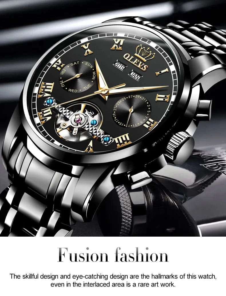 OLEVS Men's Watches Automatic Mechanical Business Wristwatch Waterproof Stainless Steel Strap Watch for Man Skeleton Calendar - M & M Global