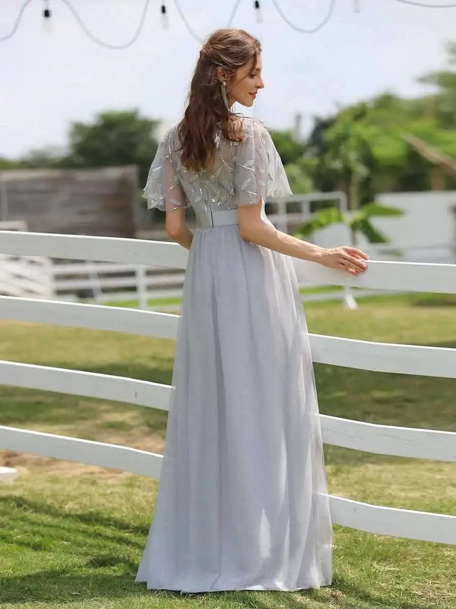 2023 New Women's Burgundy A-Line Sequin Mesh Leaf Maxi Prom Dress Sparkle Evening Dresses O-Neck Short Sleeve Long Dress - M & M Global