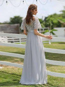 2023 New Women's Burgundy A-Line Sequin Mesh Leaf Maxi Prom Dress Sparkle Evening Dresses O-Neck Short Sleeve Long Dress - M & M Global