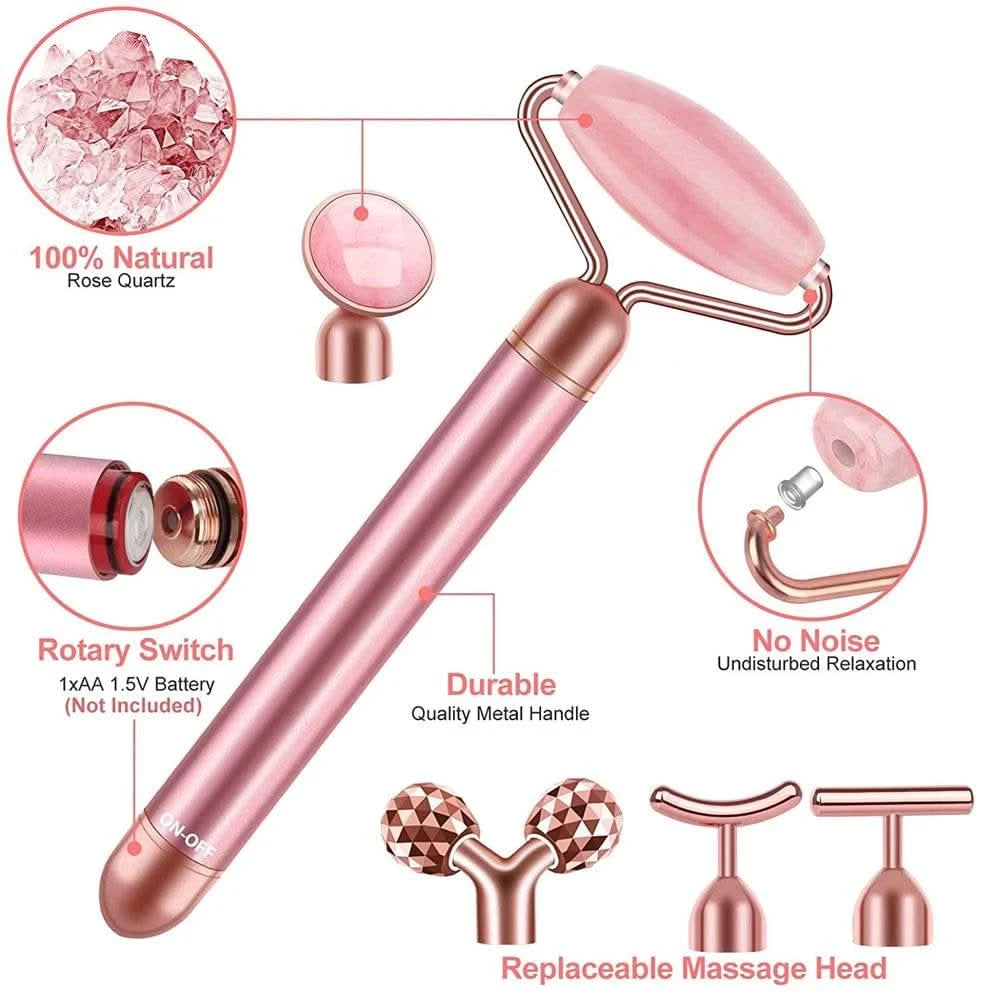 5-in-1 24K Gold Beauty Wand Face Massager Electric Vibrating Rose Quartz 3D Roller Face Lifting Body Facial Gua Sha Jade Roller - M & M Global