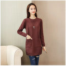 Solid Long Sweater Women Clothing 2025 New Korean Pocket Knit Sweater Dress Casual Warm Loose O neck Long sleeve Ladies Pullover