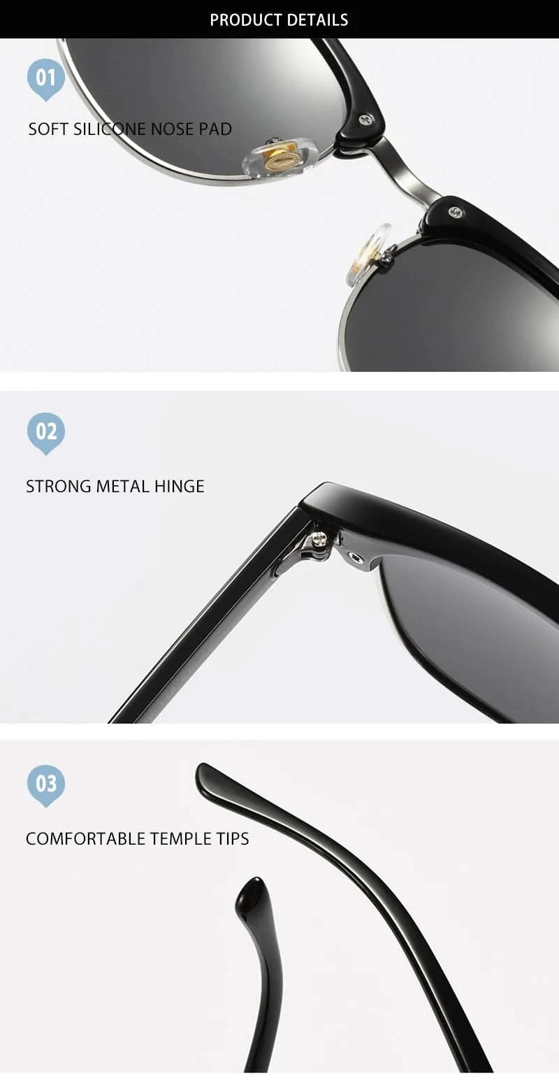 Classic Half Frame Polarized Sunglasses Men Women Retro Rivet Small Sun Glasses Male Popular Black Anti Glare Travelling Shades - M & M Global