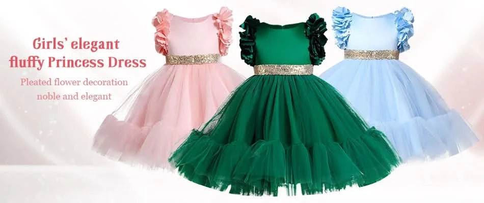 Girls' Sequin Pearl Princess Dress 5-14 Years Old Flower Decal Sleeveless Temperament Long Dress Halloween Banquet Fashion Dress - M & M Global