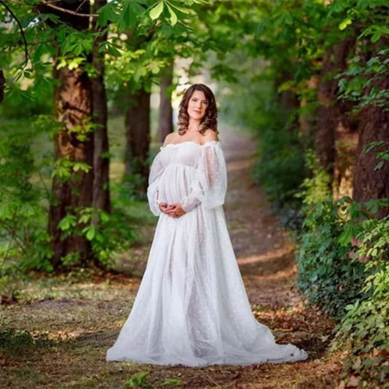 White Dot Tulle Maternity Photography Props Dress See Through Maternity Photo Shoot Tulle Long Dress Lantern Sleeve - M & M Global