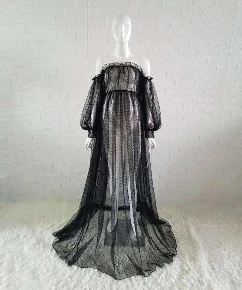 White Dot Tulle Maternity Photography Props Dress See Through Maternity Photo Shoot Tulle Long Dress Lantern Sleeve - M & M Global