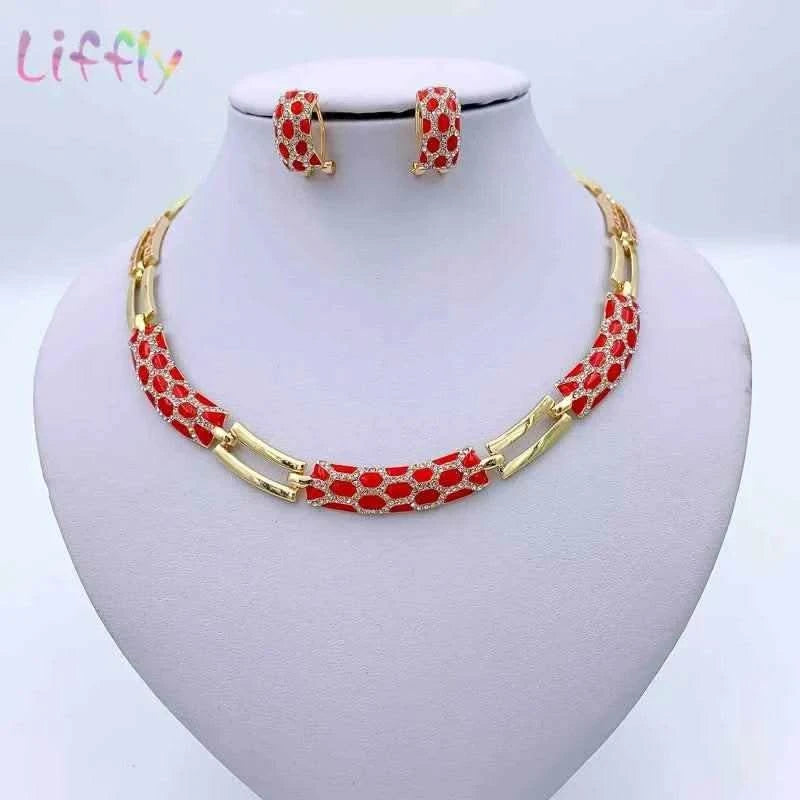African Jewelry Sets Elegant Bridal Wedding Necklace Red Enamel Jewelry Classic Style Bracelet Earrings Rings for Women Jewelry - M & M Global
