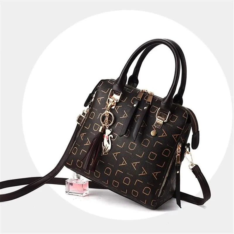 Fashion English Letter Handbag Women PU Leather Tassel Top-handle Bag Luxury Shoulder Bag Large Capacity Lady Tote Design Purse - M & M Global