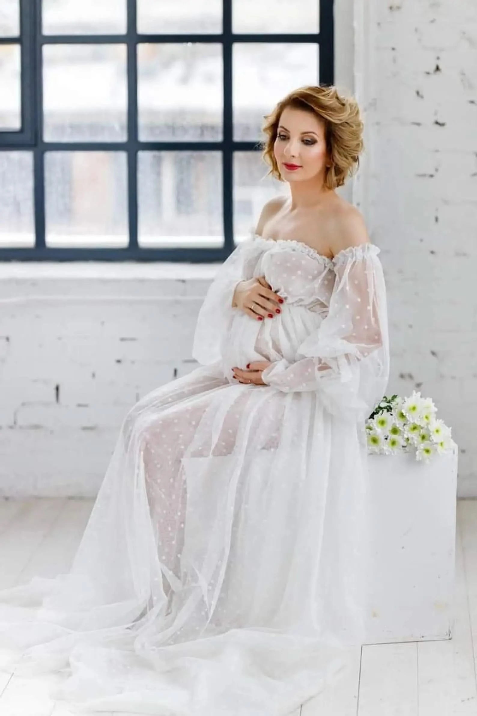 White Dot Tulle Maternity Photography Props Dress See Through Maternity Photo Shoot Tulle Long Dress Lantern Sleeve - M & M Global