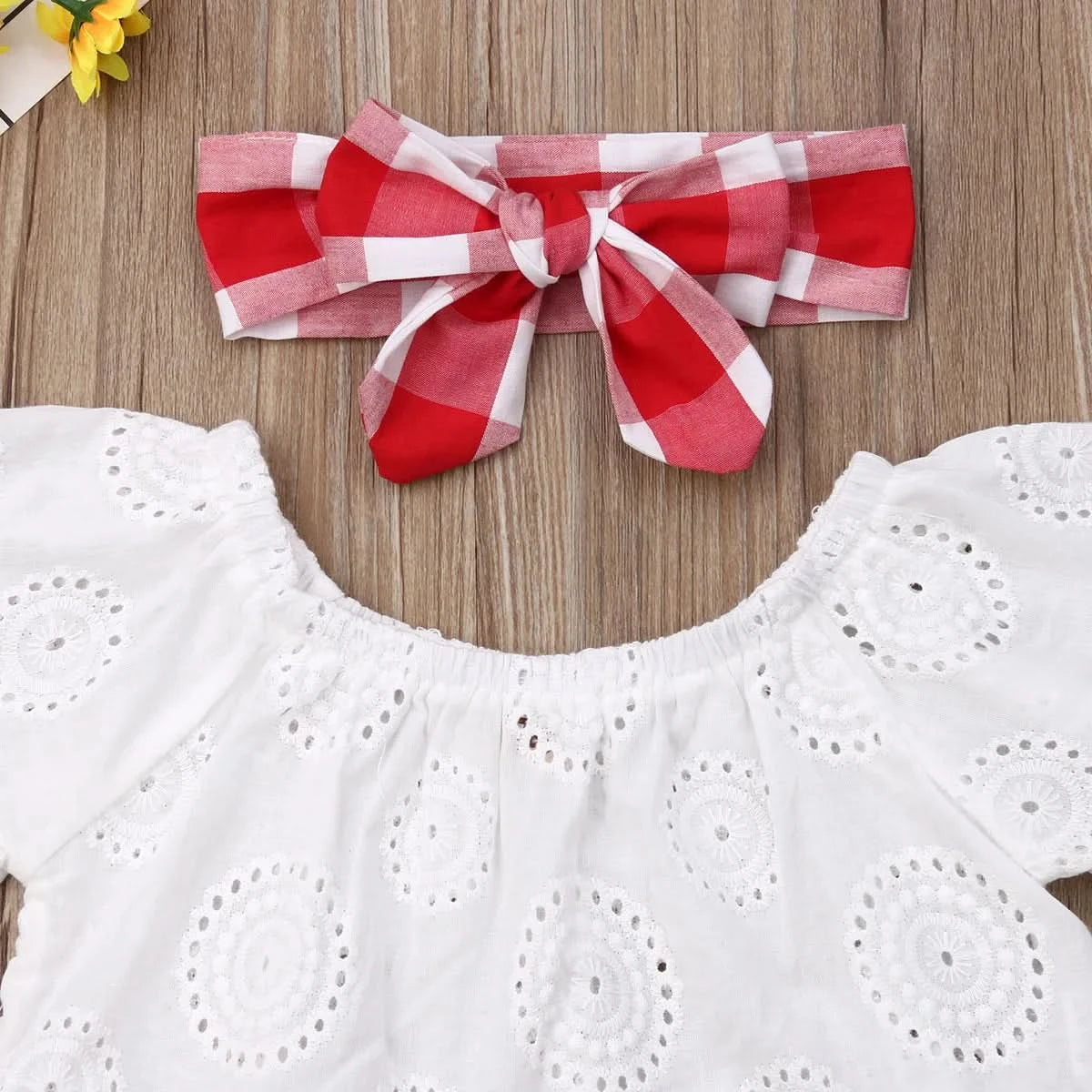 Lioraitiin 3Pcs Set 0-24M Newborn Baby Girl Clothes Cute Summer Off Shoulder Lace Tops+ Red Plaid Short Dress Headband Outfit - M & M Global