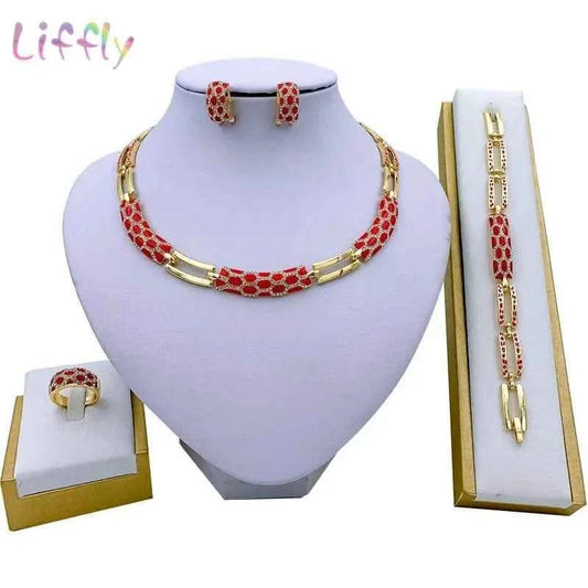 African Jewelry Sets Elegant Bridal Wedding Necklace Red Enamel Jewelry Classic Style Bracelet Earrings Rings for Women Jewelry - M & M Global