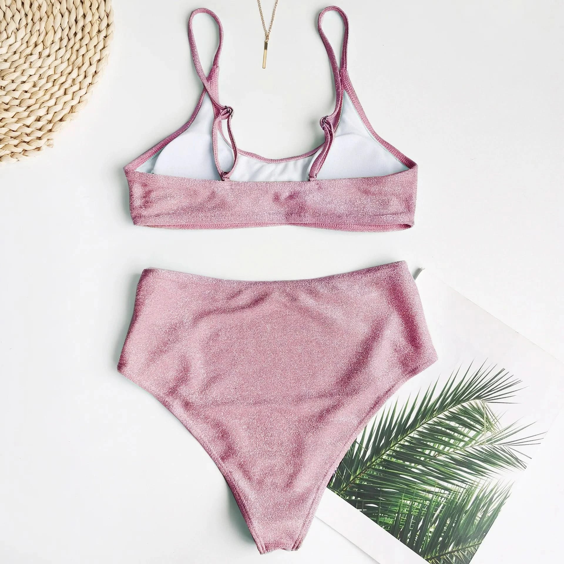 Sexy Sequin Bikini Shiny Solid Pink Push Up High Waist Bikini Set Female High Cut Bathing Suit Halter Top Swimwear Beachwear - M & M Global