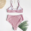 Sexy Sequin Bikini Shiny Solid Pink Push Up High Waist Bikini Set Female High Cut Bathing Suit Halter Top Swimwear Beachwear - M & M Global