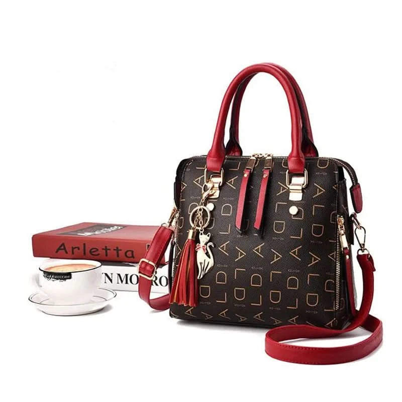 Fashion English Letter Handbag Women PU Leather Tassel Top-handle Bag Luxury Shoulder Bag Large Capacity Lady Tote Design Purse - M & M Global