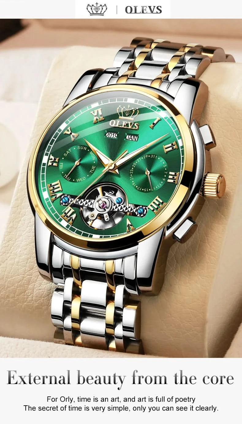 OLEVS Men's Watches Automatic Mechanical Business Wristwatch Waterproof Stainless Steel Strap Watch for Man Skeleton Calendar - M & M Global