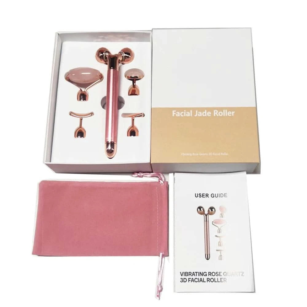 5-in-1 24K Gold Beauty Wand Face Massager Electric Vibrating Rose Quartz 3D Roller Face Lifting Body Facial Gua Sha Jade Roller - M & M Global