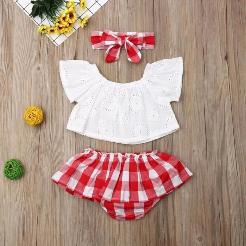 Lioraitiin 3Pcs Set 0-24M Newborn Baby Girl Clothes Cute Summer Off Shoulder Lace Tops+ Red Plaid Short Dress Headband Outfit - M & M Global