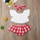 Lioraitiin 3Pcs Set 0-24M Newborn Baby Girl Clothes Cute Summer Off Shoulder Lace Tops+ Red Plaid Short Dress Headband Outfit - M & M Global