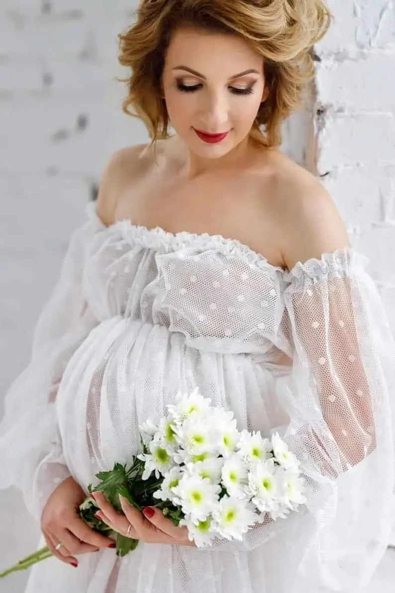 White Dot Tulle Maternity Photography Props Dress See Through Maternity Photo Shoot Tulle Long Dress Lantern Sleeve - M & M Global