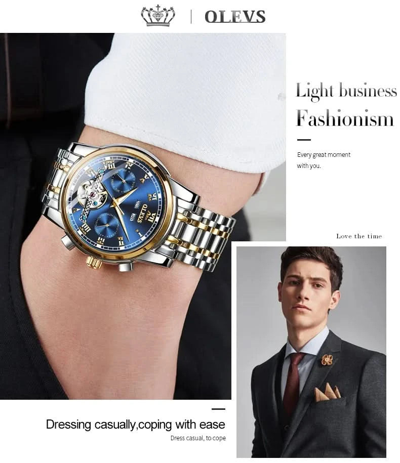 OLEVS Men's Watches Automatic Mechanical Business Wristwatch Waterproof Stainless Steel Strap Watch for Man Skeleton Calendar - M & M Global