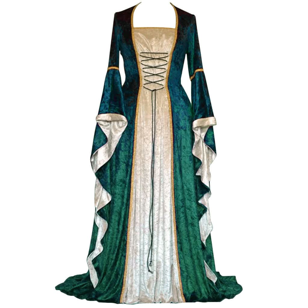 Medieval Retro Court Princress Cosplay Costume Halloween Women Gothic Flare Sleeve Long Dress Elegant Witch Masquerade Wear - M & M Global