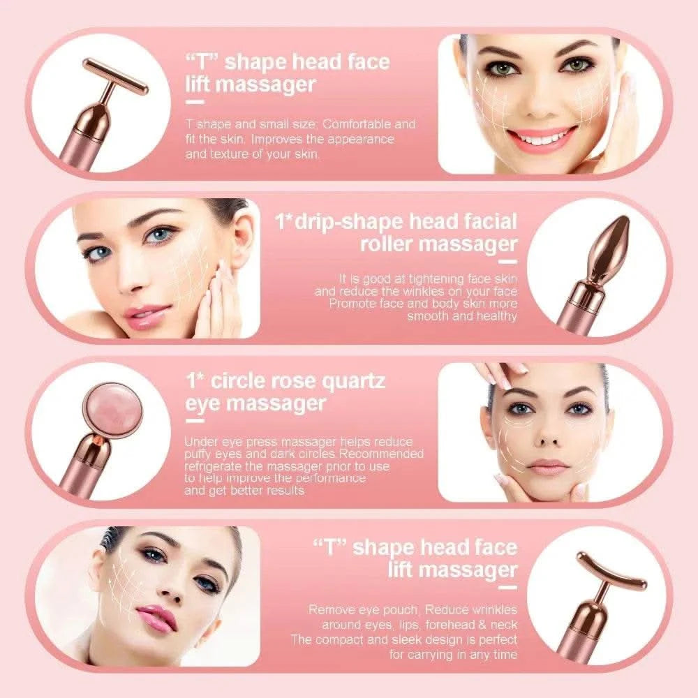 5-in-1 24K Gold Beauty Wand Face Massager Electric Vibrating Rose Quartz 3D Roller Face Lifting Body Facial Gua Sha Jade Roller - M & M Global
